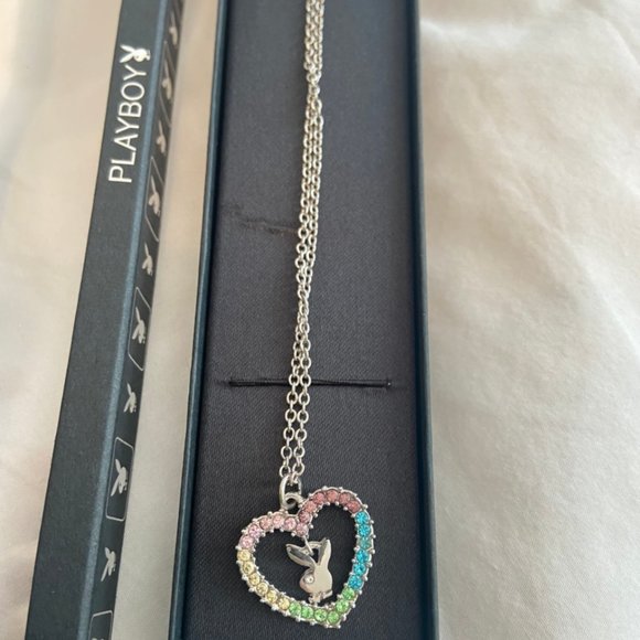 Playboy Necklace Crystal Rainbow Heart Bunny Charm - Picture 7 of 15